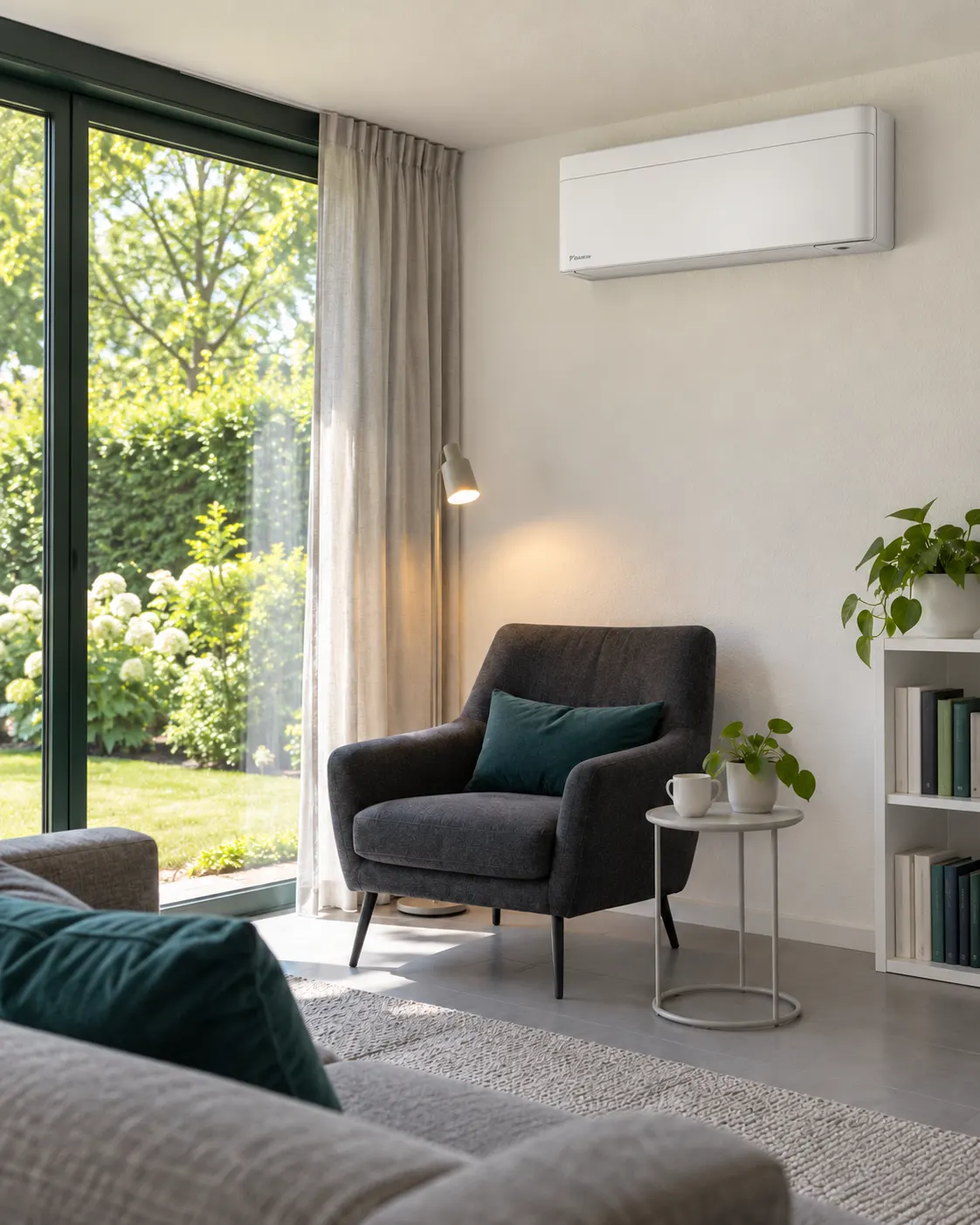 Witte airco binnenunit hoog aan de muur in een lichte woonkamer met zetel en planten