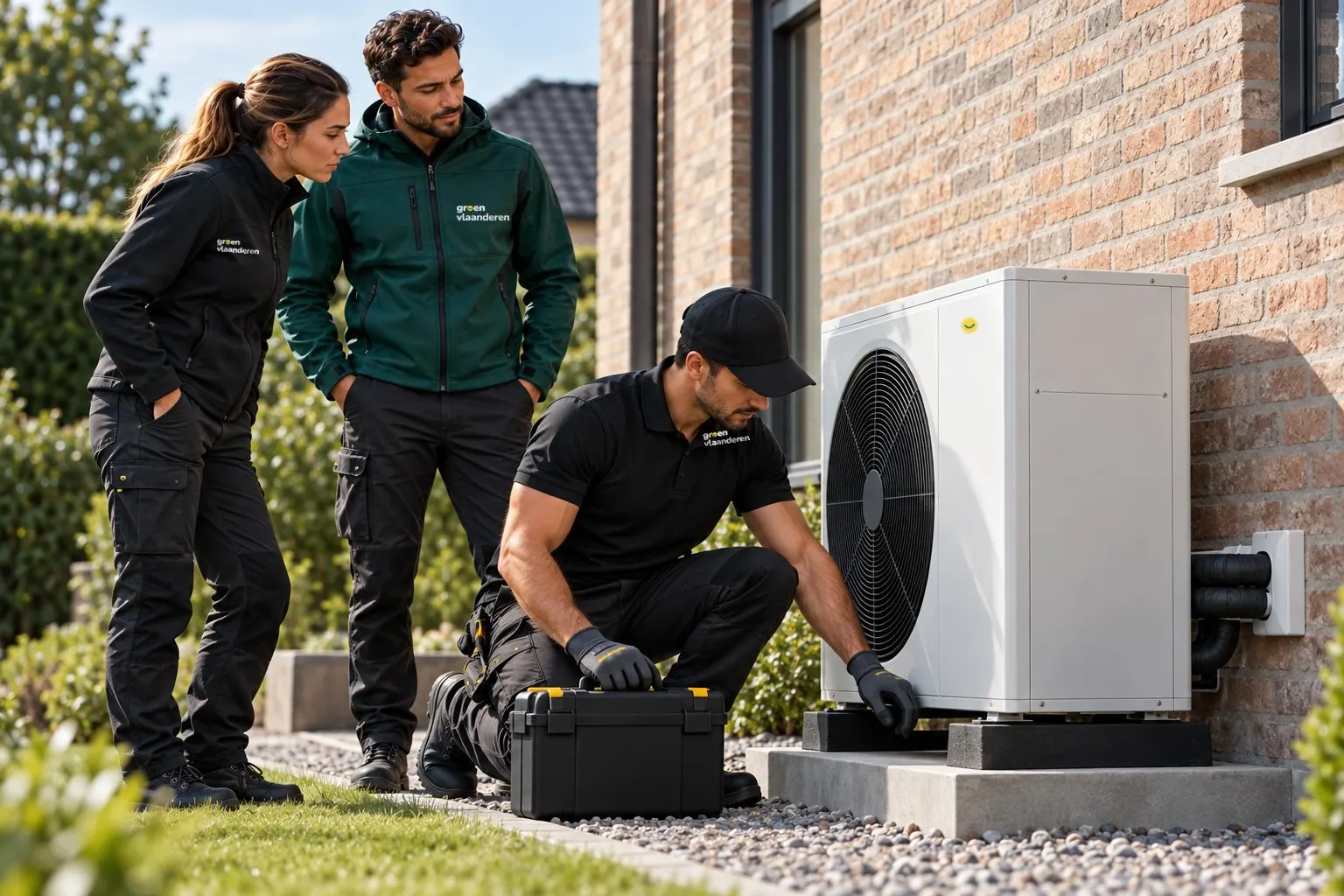 Installateur van Groen Vlaanderen werkt een warmtepomp af bij een Vlaamse woning