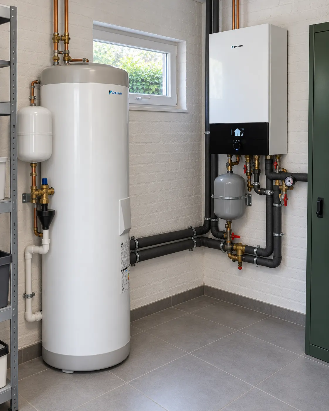 Binneninstallatie van een warmtepomp met boilervat, binnenunit en expansievaten in een technische ruimte