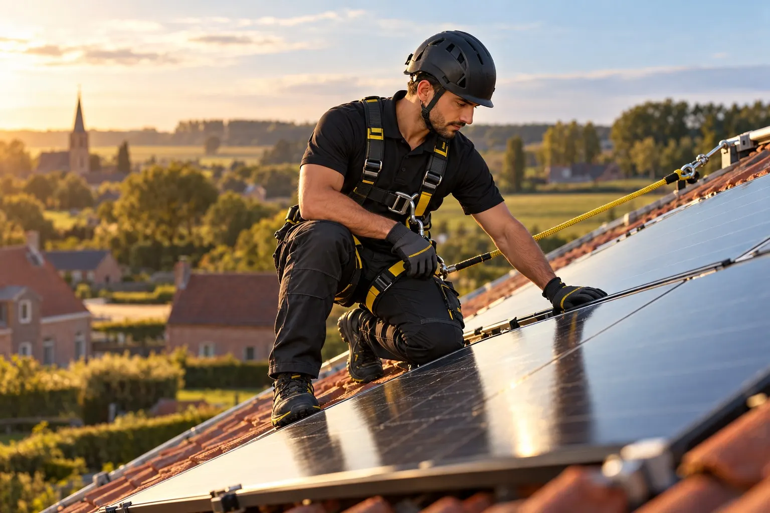 Installateur van Groen Vlaanderen plaatst zonnepanelen op een Vlaams dak, met valbeveiliging
