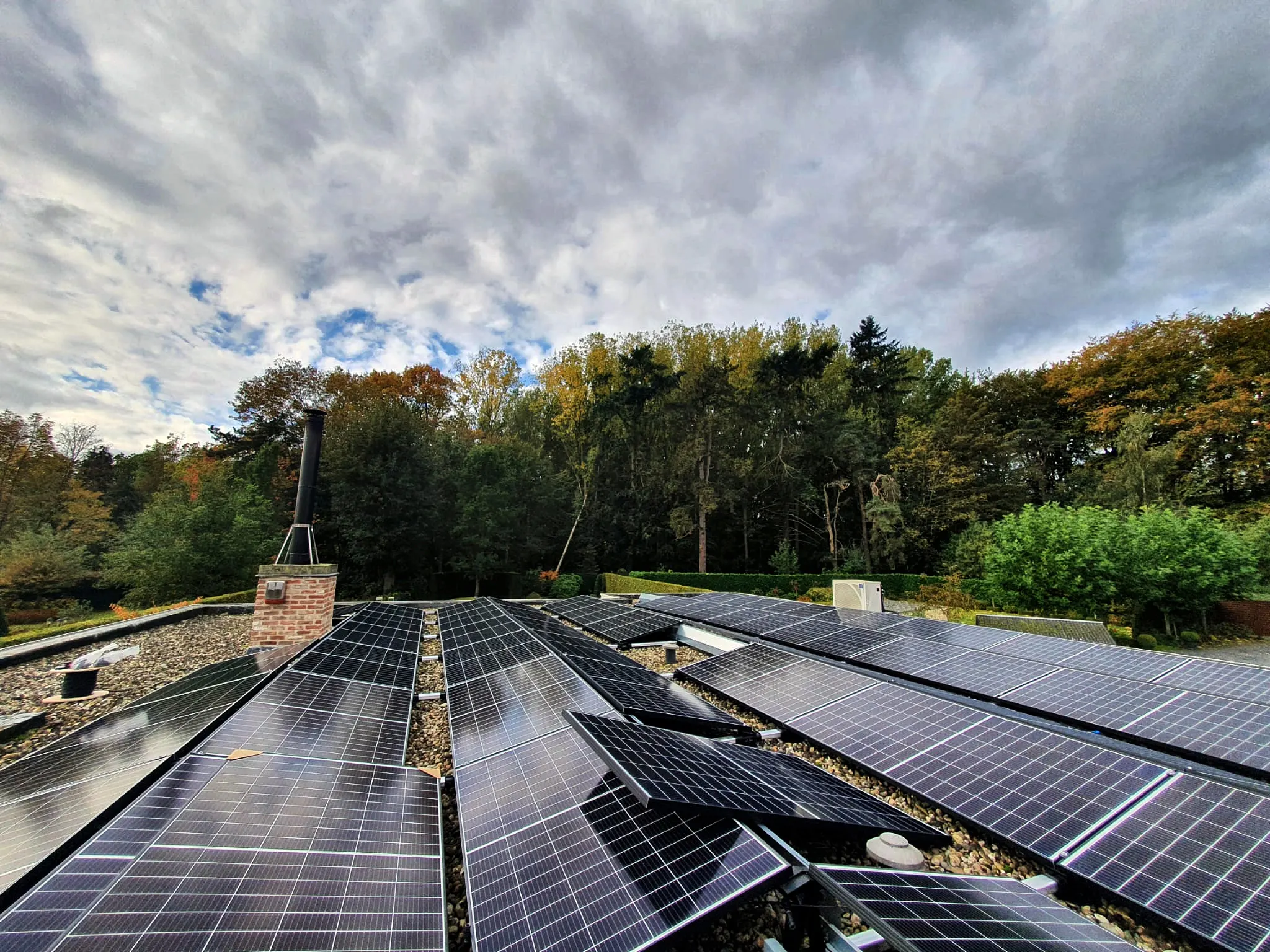Project: solar panels on a flat roof, with trees in the background