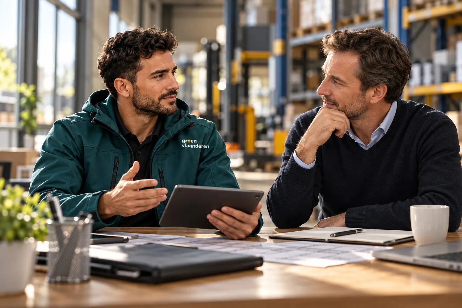 Un conseiller en discussion avec un chef d'entreprise dans un bâtiment professionnel