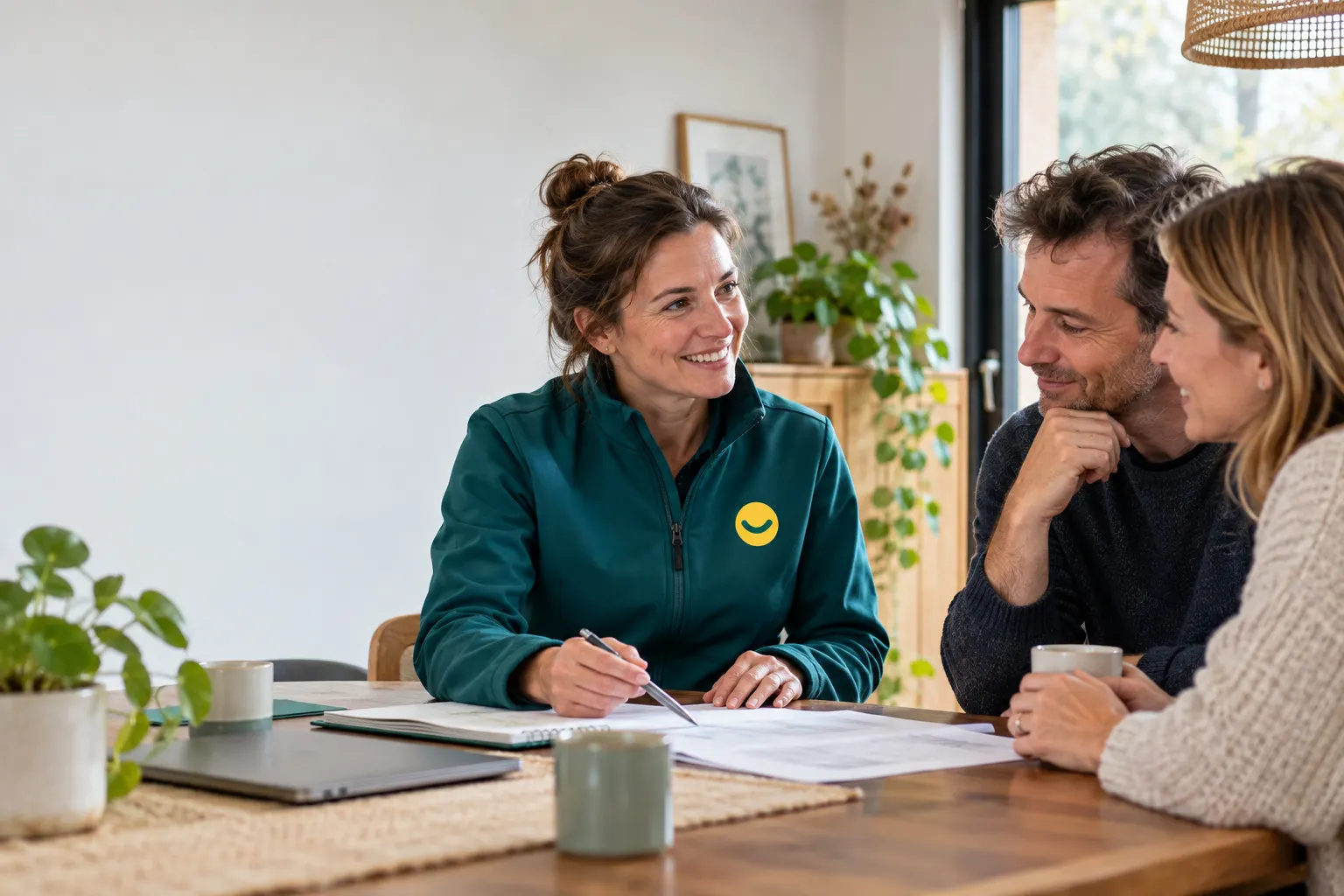 Adviseur in werkkledij bespreekt met een koppel aan de keukentafel welke oplossing bij hun woning past